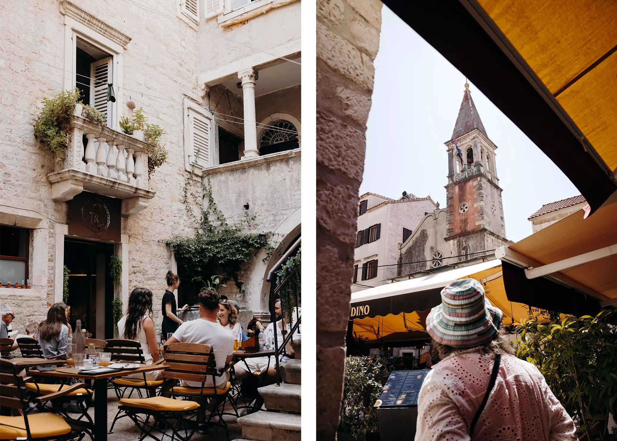 Tourists enjoy drinks at Fig Bar, in Split city center. Street scene in the narrow streets of Trogir island.