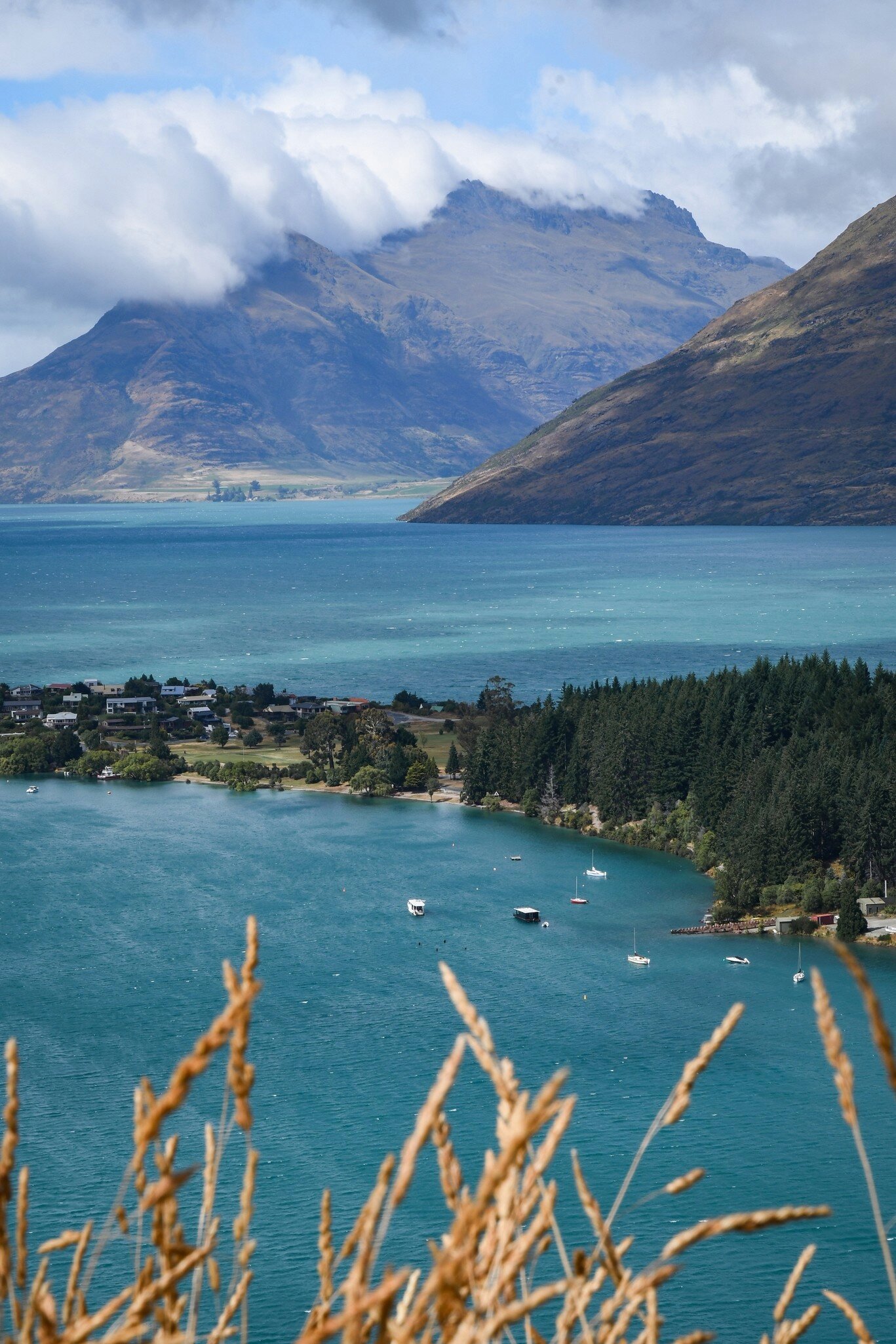 View from afar of New Zealand's beautiful Lake Wakatipu in Queenstown.