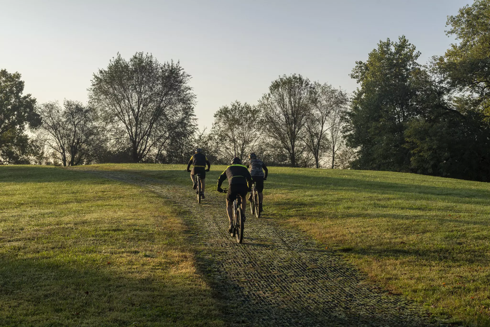 Three cyclists riding in Parco Nord in Milan