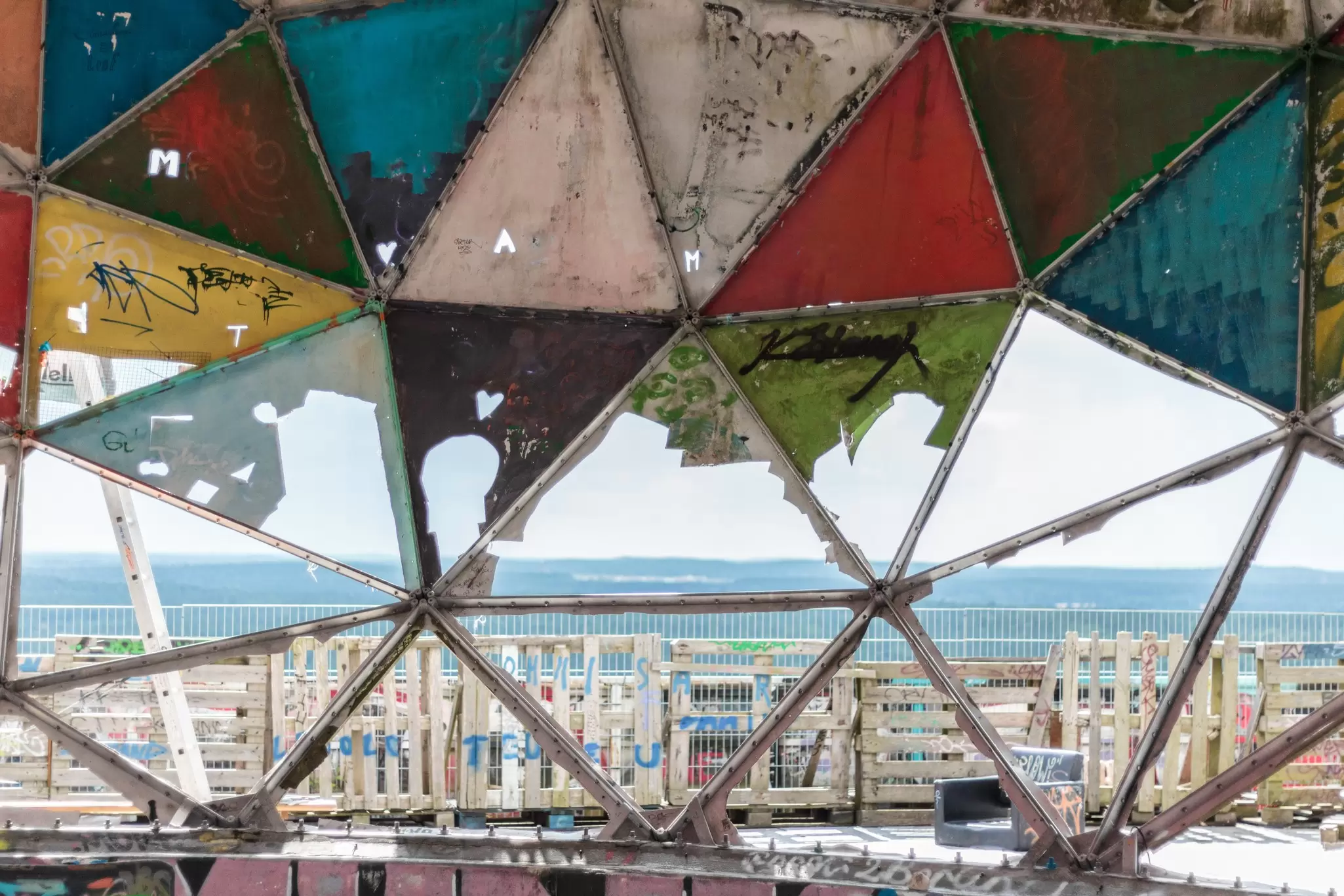The view from inside the ruined NSA listening post on Teufelsberg in Berlin, Germany.
