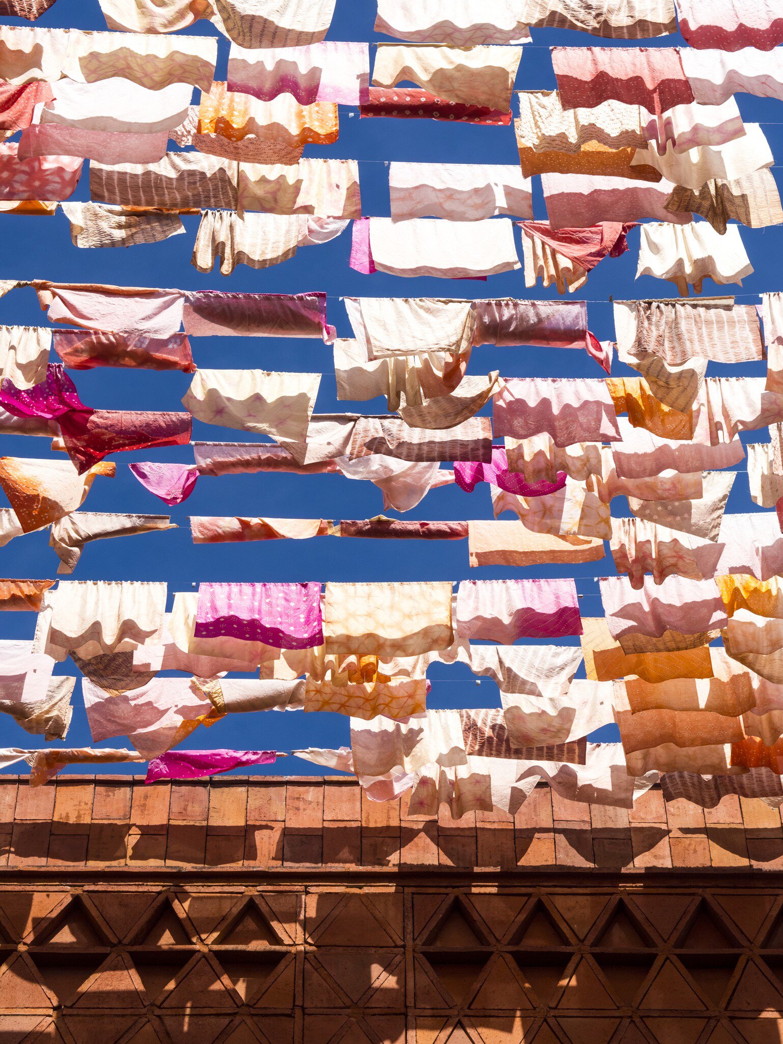 View of fluttering fabrics at the Museo Textil de Oaxaca in Oaxaca City, Mexico.