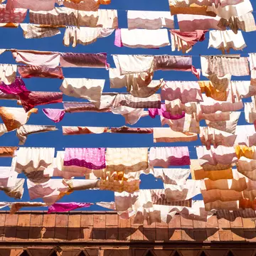 View of fluttering fabrics at the Museo Textil de Oaxaca in Oaxaca City, Mexico.