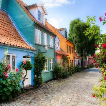 Houses in the charming and famous street Møllestien in Aarhus, Denmark.