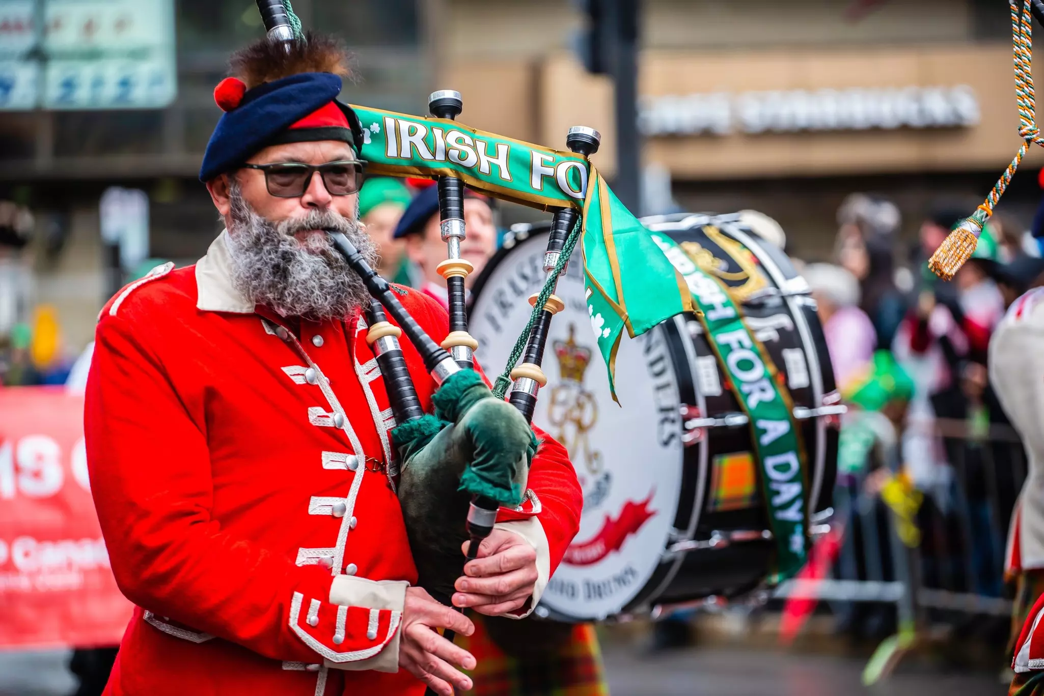 People celebrating the Saint Patrick`s Day Parade in Montreal downtown.