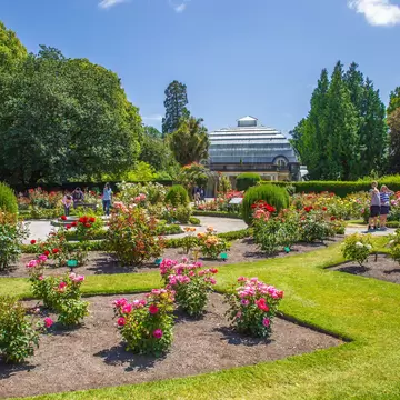 Christchurch, New Zealand - January 16 2020: Christchurch Botanic Gardens in city center. Rose garden with colorful flowers. Popular tourist travel destination in Christchurch.