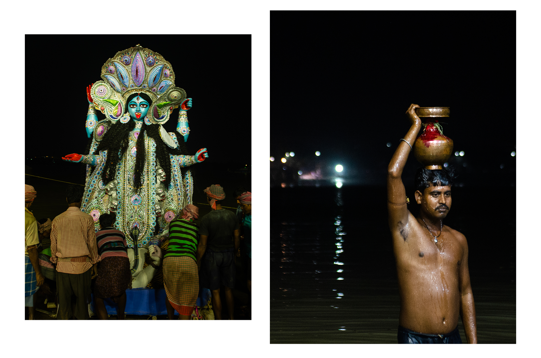 Left: Hindu goddess Kali. Right: a man carrying a water jug on his head