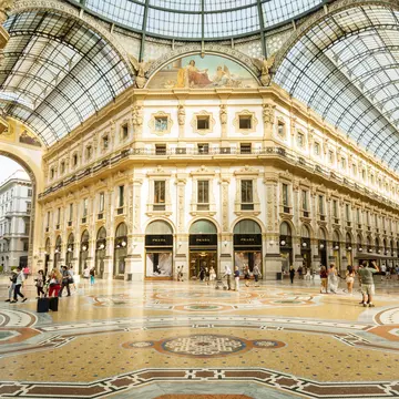Interior of the Galleria Vittorio Emanuele II, one of the world's oldest shopping malls in central Milan. The Galleria is named after Victor Emmanuel II, the first king of the Kingdom of Italy.
