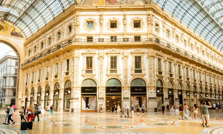 Interior of the Galleria Vittorio Emanuele II, one of the world's oldest shopping malls in central Milan. The Galleria is named after Victor Emmanuel II, the first king of the Kingdom of Italy.