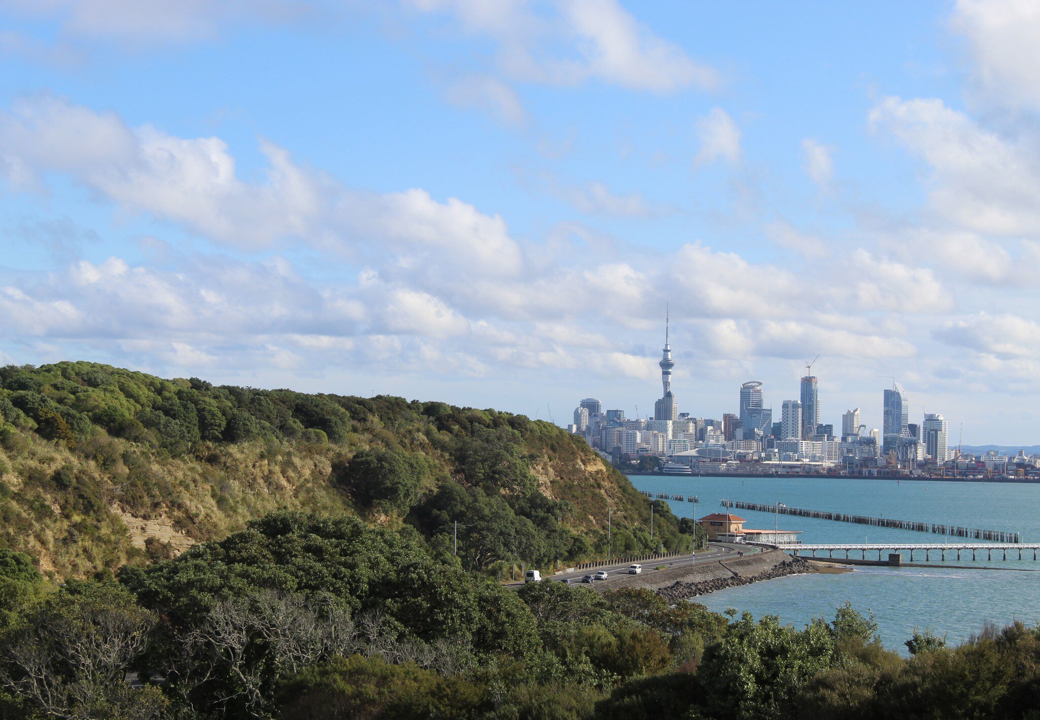 A few vehicles are visible on a road that wraps around a point by the water; the Auckland skyline is visible in the background.