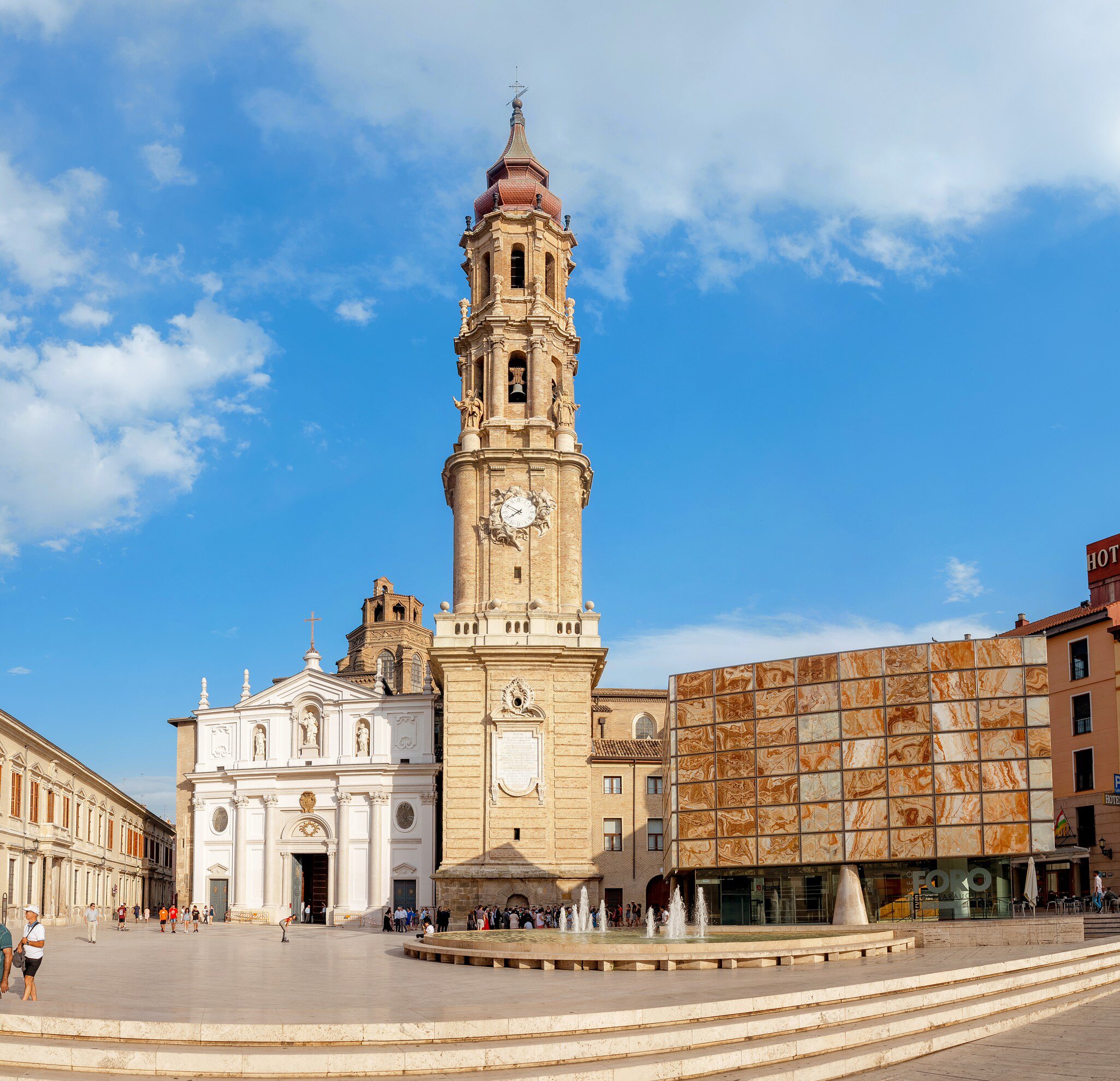 View of the bell tower of La Seo in Zaragoza, Spain.