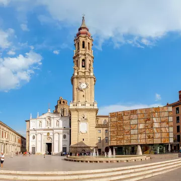 View of the bell tower of La Seo in Zaragoza, Spain.
