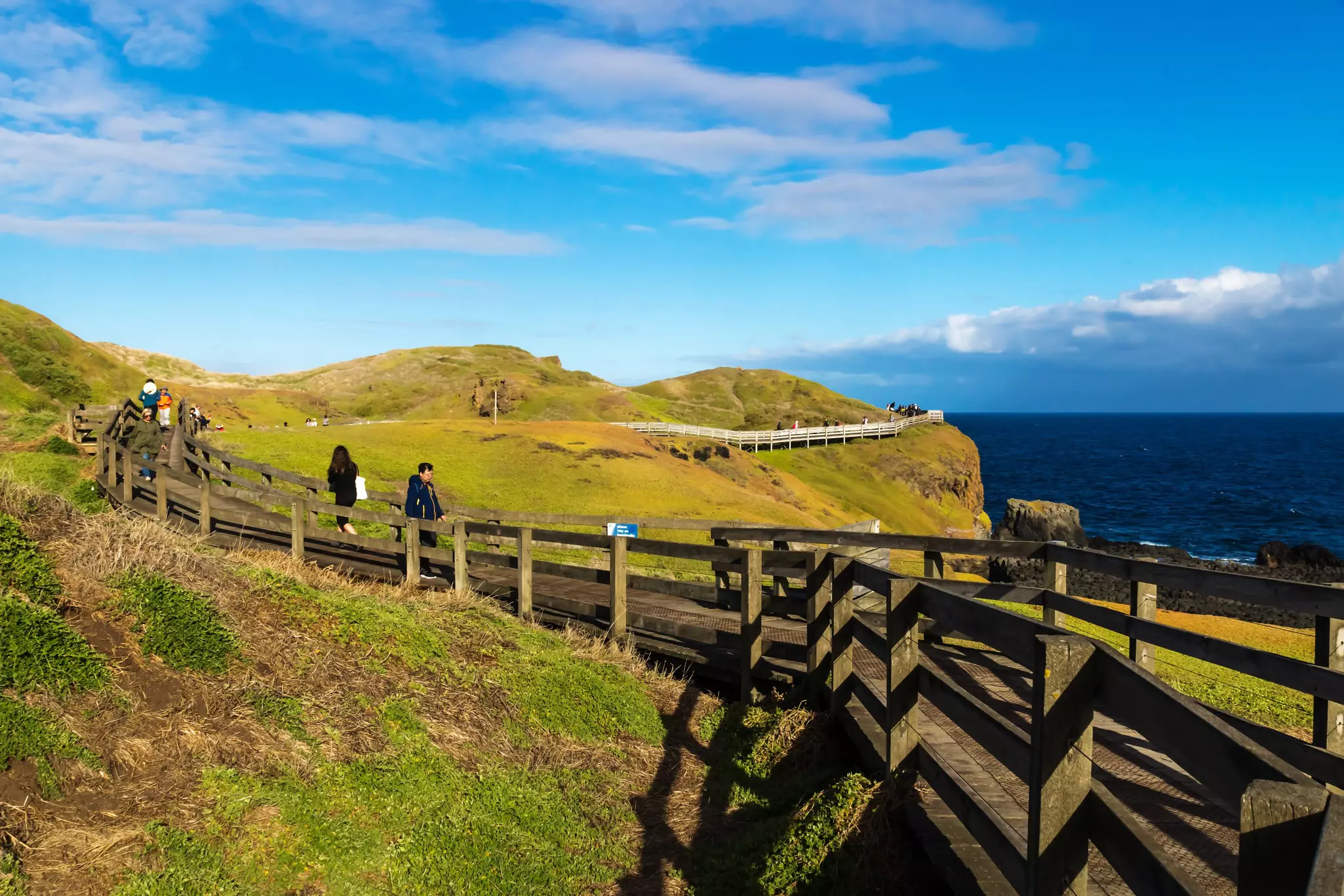 Nobbies, Phillip Island, Victoria, Australia - February 11 2018: Wooden pathway with walking tourists through green orange hills along the coast, License Type: media, Download Time: 2025-02-12T17:58:32.000Z, User: Ppeterson948, Editorial: true, purchase_order: 56530 - Guidebooks, job: Global Publishing WIP, client: Global Publishing WIP, other: Pia Peterson Haggarty
