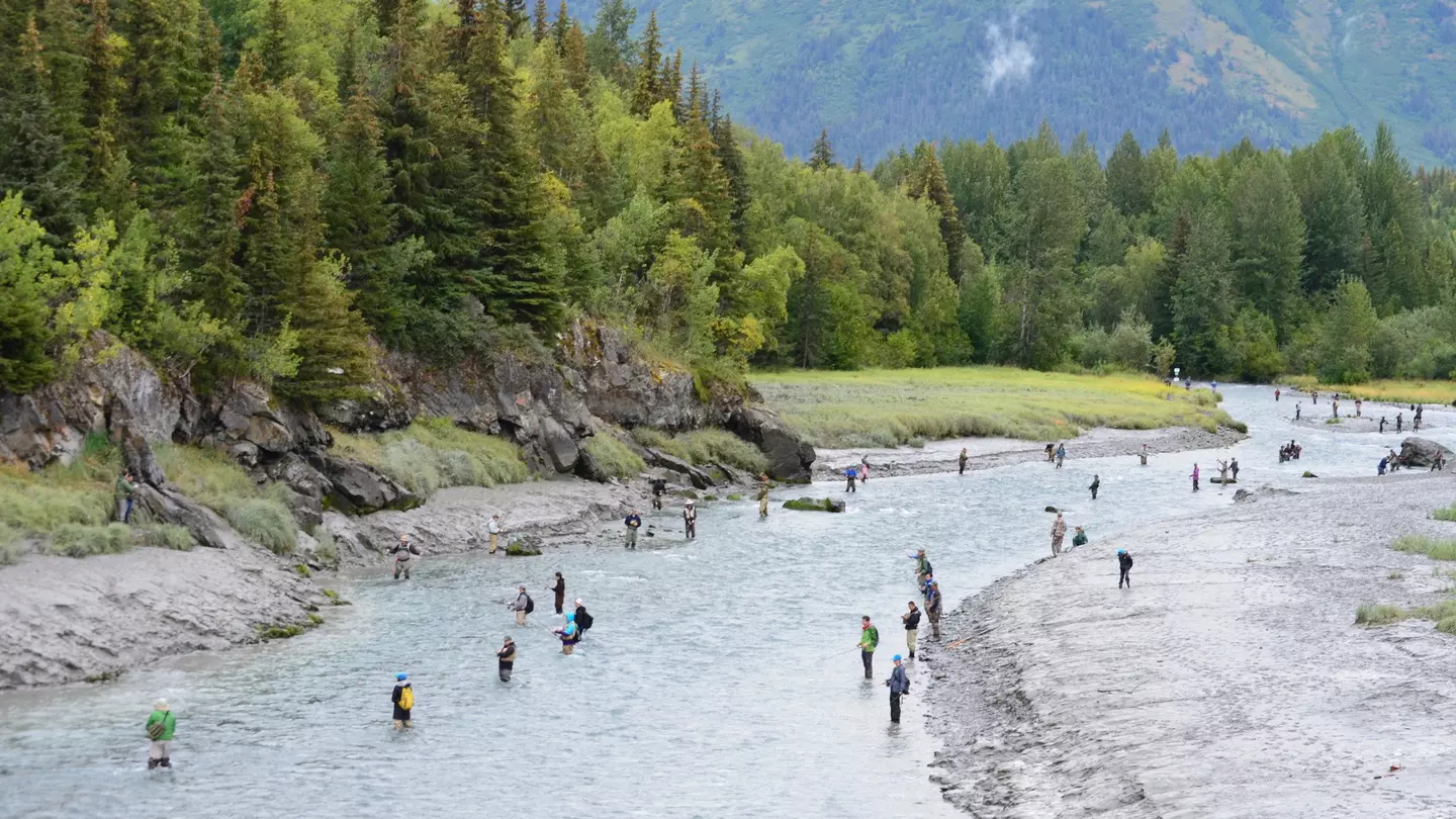 Bird Creek in the shadow of the Chugach Mountains is lined with fisherman hoping to catch silver salmon © Karen Timmons / Getty Images
