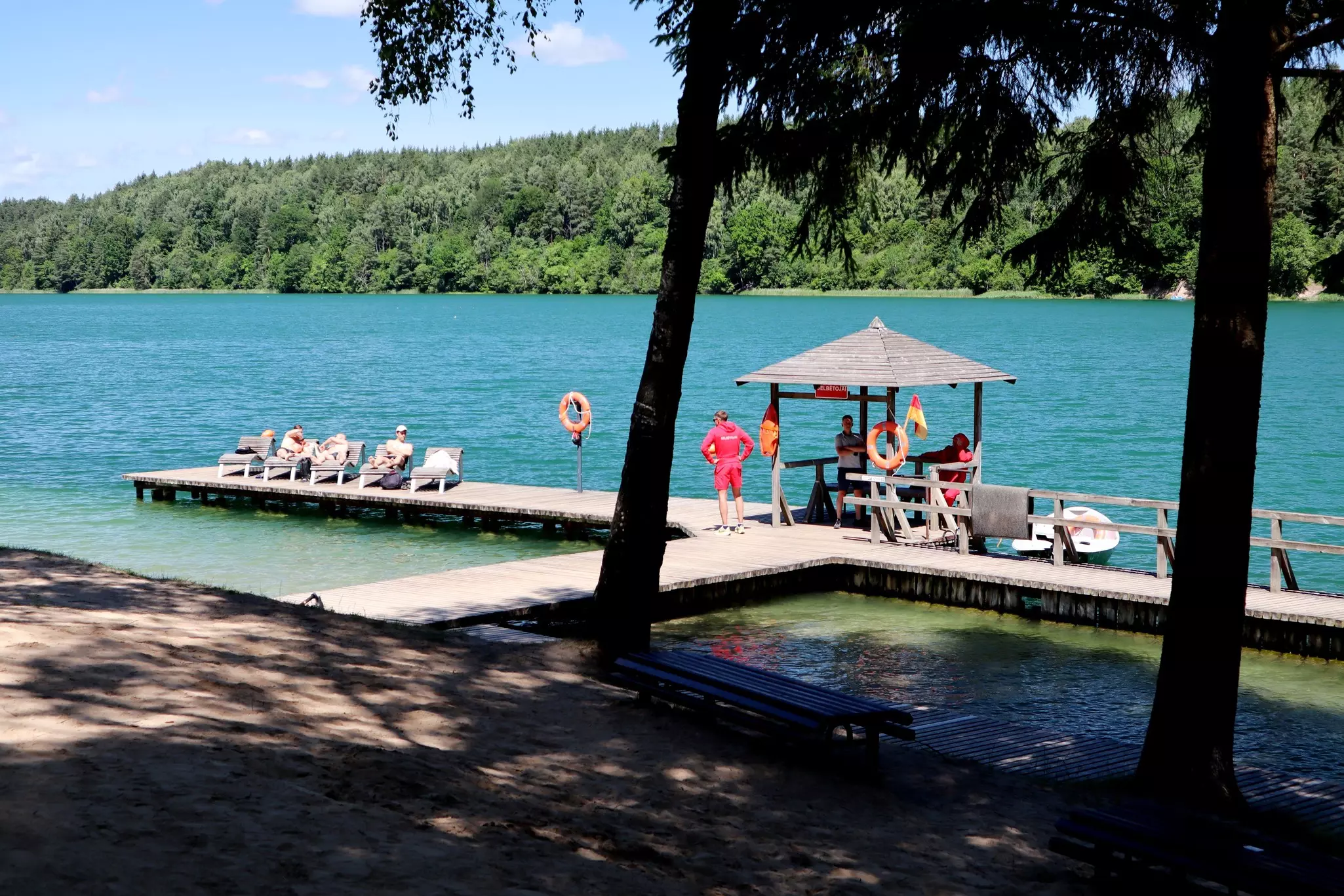 People relax in the sun on a wooden dock on the edge of a lake surrounded by woodland.