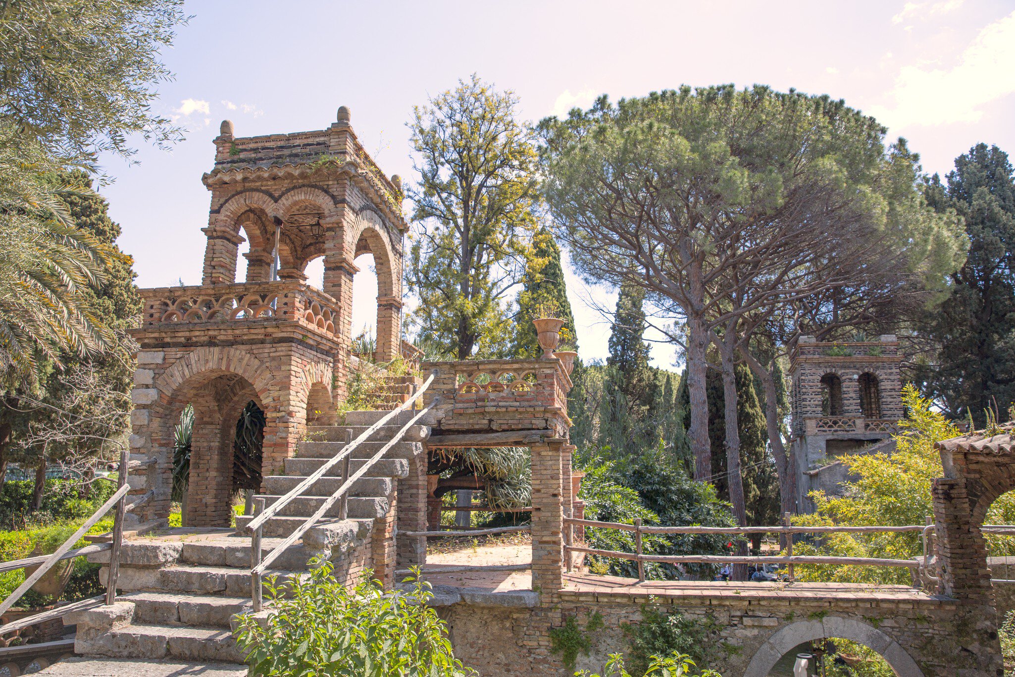 Vila Comunale park in Taormina, Sicily island, Italy. Old ruins in the park.