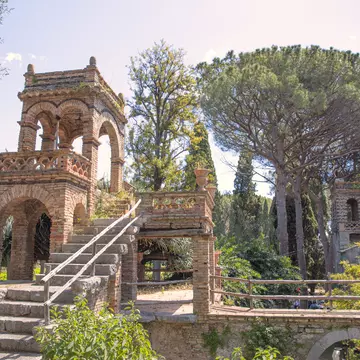Vila Comunale park in Taormina, Sicily island, Italy. Old ruins in the park.