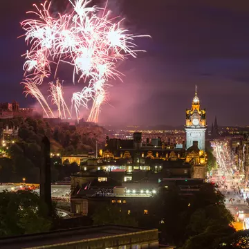 Fireworks over Edinburgh's Castle and Balmoral Clock Tower