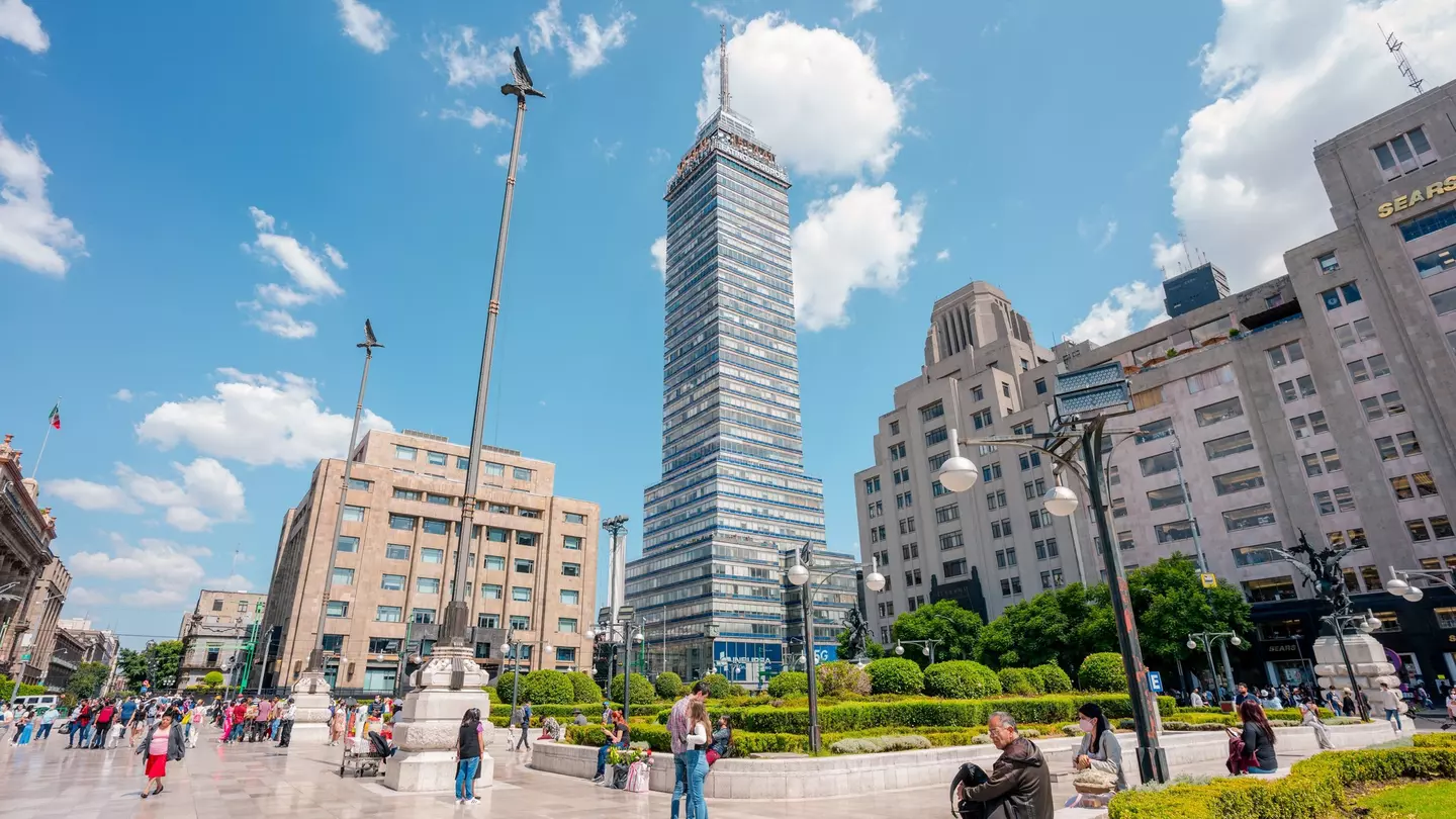 View of the Torre Latinoamericana on a sunny day in Mexico City.