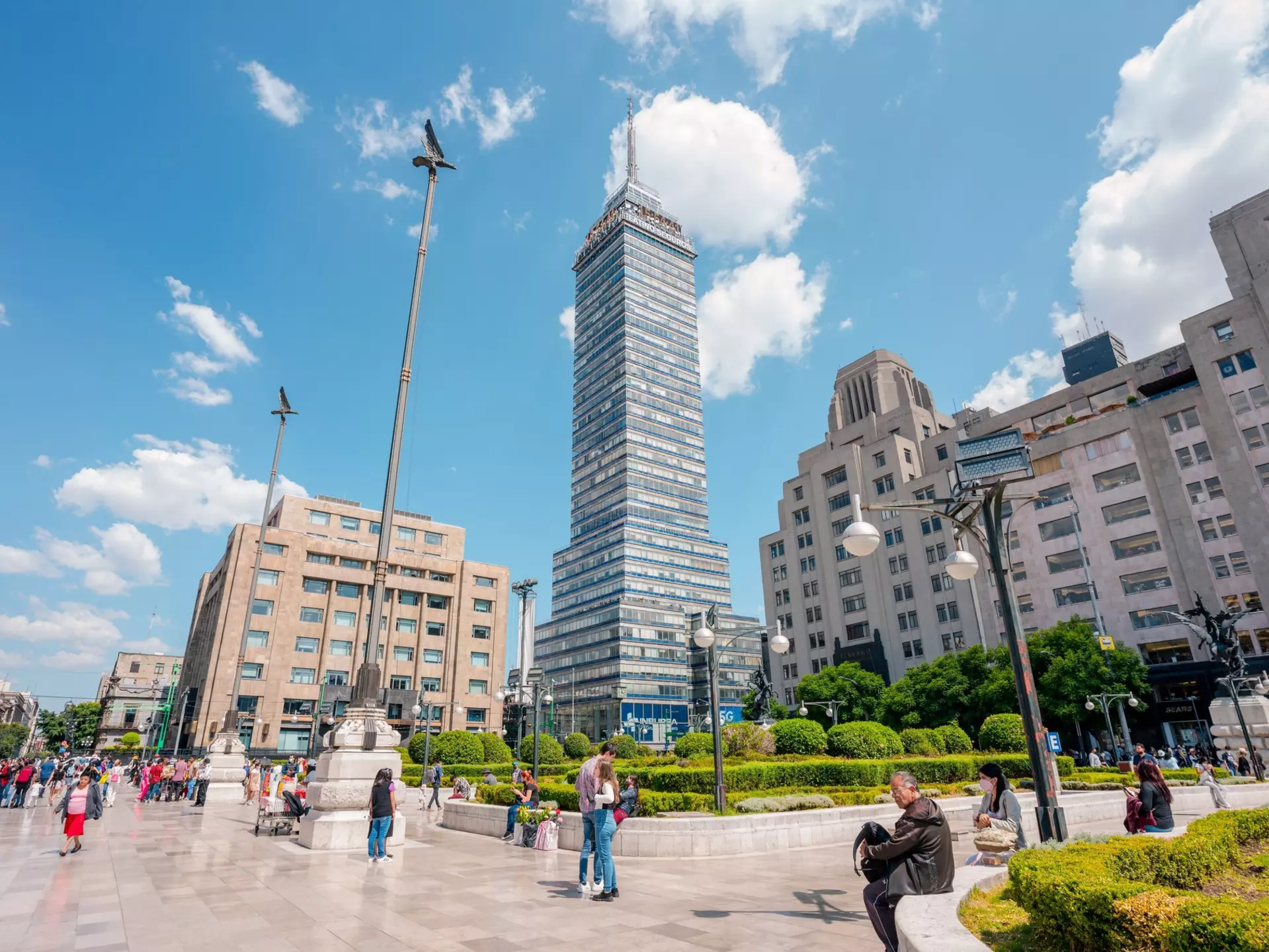 View of the Torre Latinoamericana on a sunny day in Mexico City.