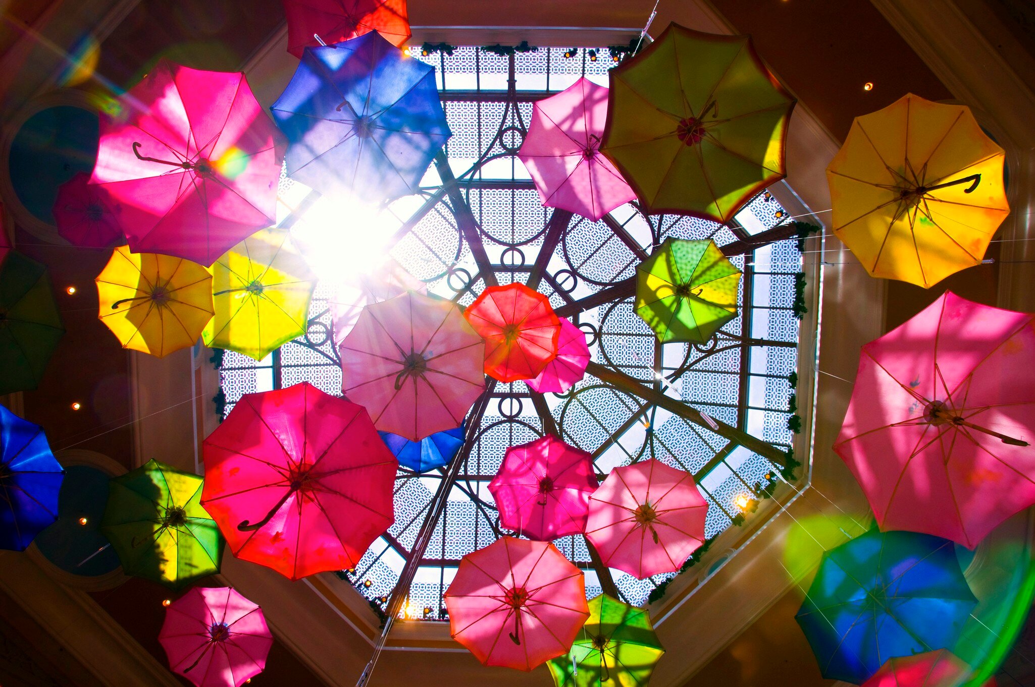 Parasols raining down inside atrium of Palazzo hotel resort in Las Vegas, NV.
