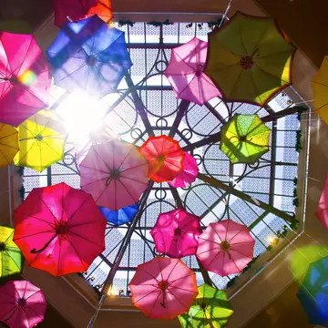 Parasols raining down inside atrium of Palazzo hotel resort in Las Vegas, NV.
