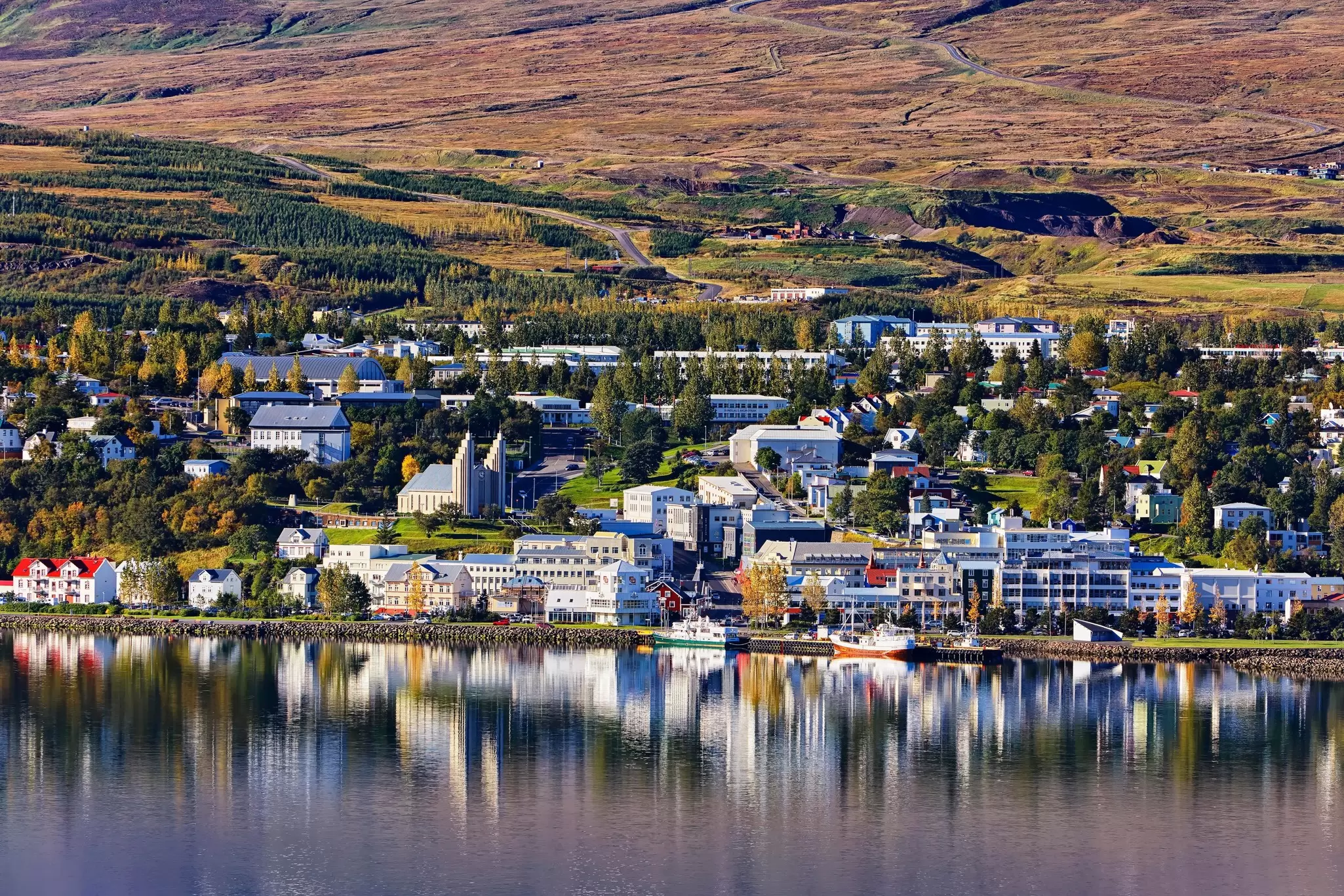 View across the Eyjafjörður fjord to Akureyri, Iceland. 