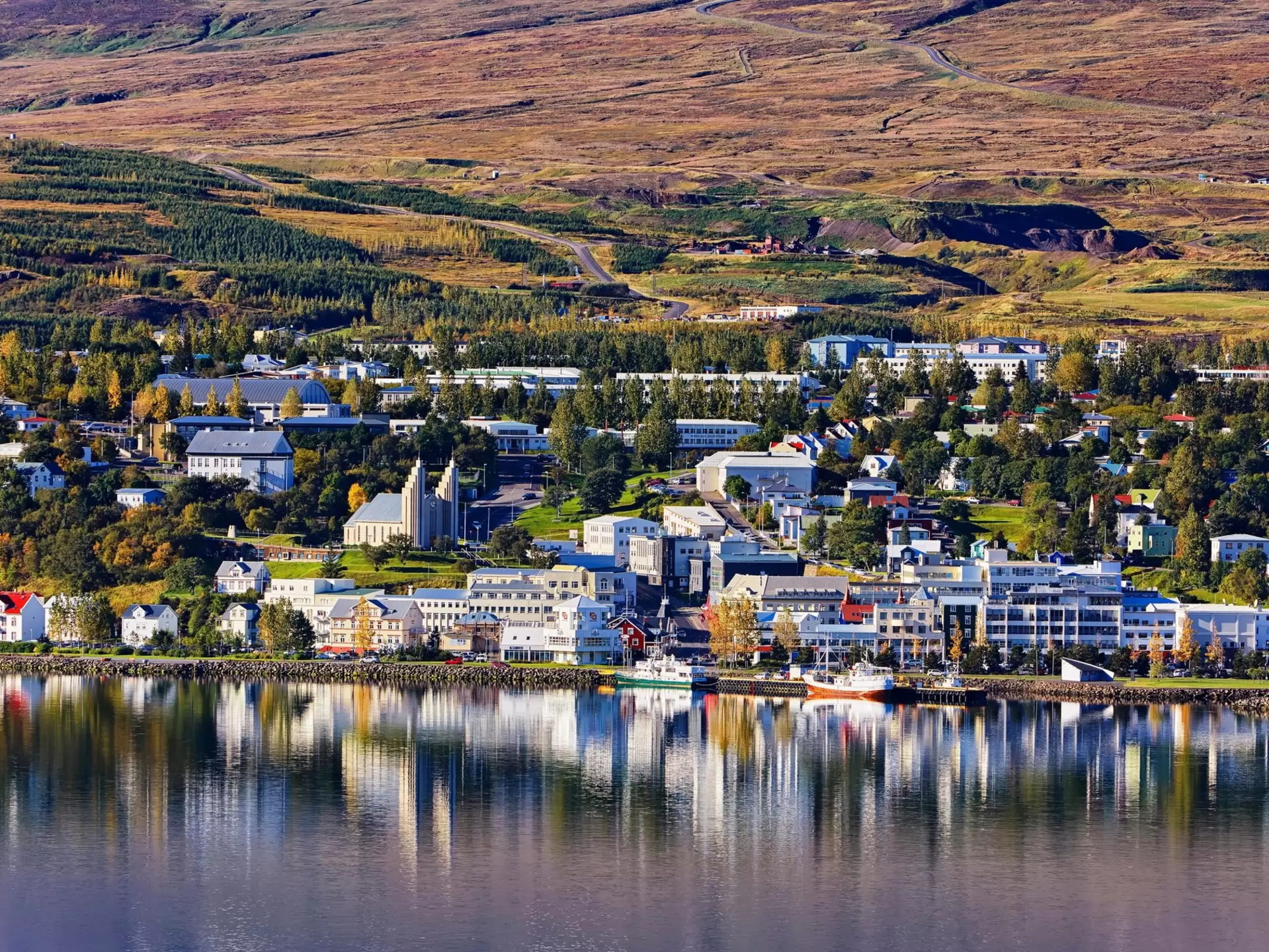 View across the Eyjafjörður fjord to Akureyri, Iceland. 