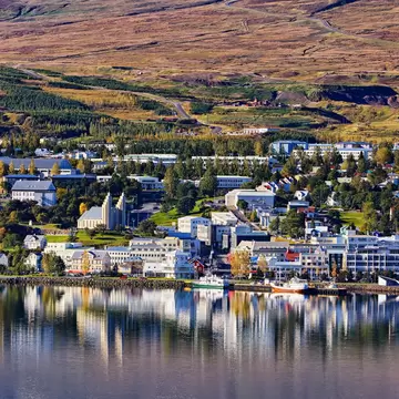 View across the Eyjafjörður fjord to Akureyri, Iceland. 