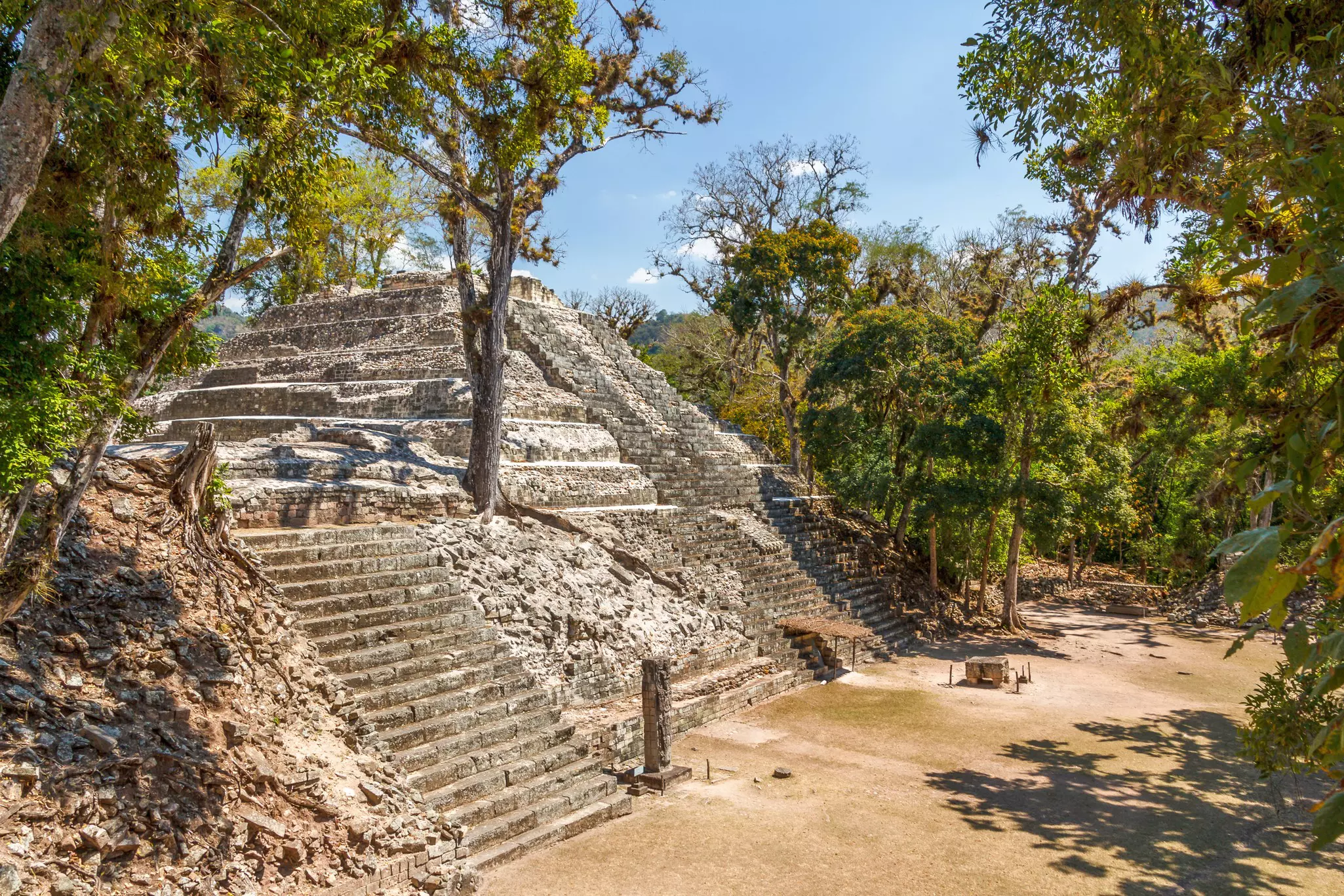Carved stelae in front of a pyramid at Copán in Honduras.