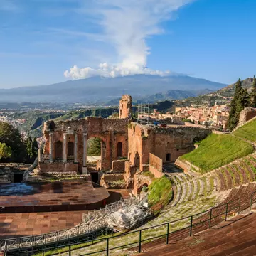 The Teatro Greco and Mount Etna in the background.