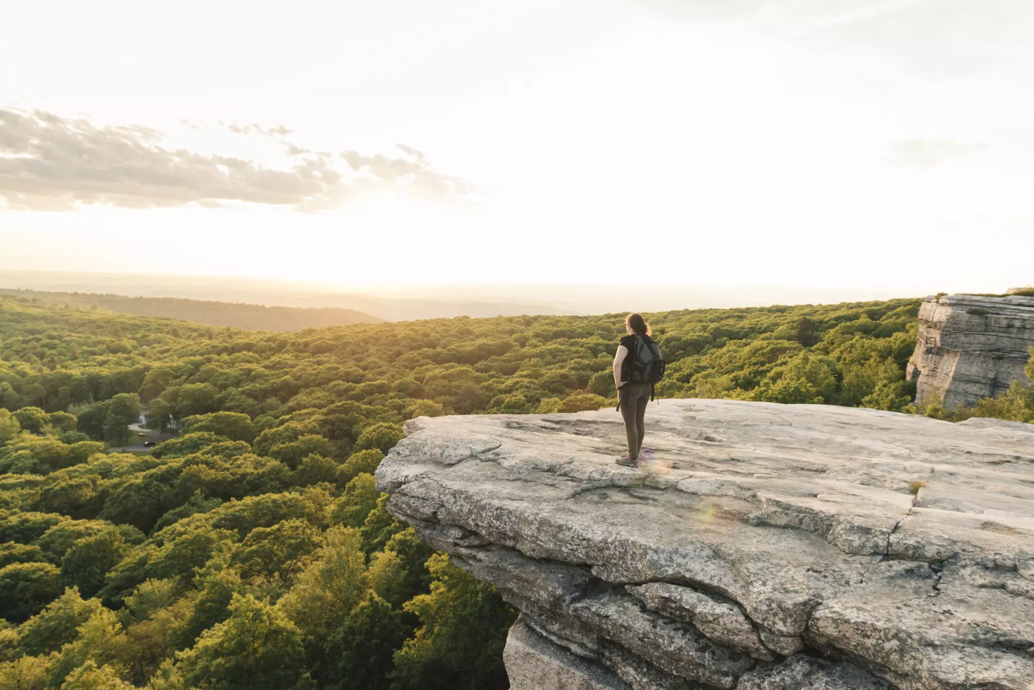 Woman standing on an overlook to view a seemingly endless cluster of green trees