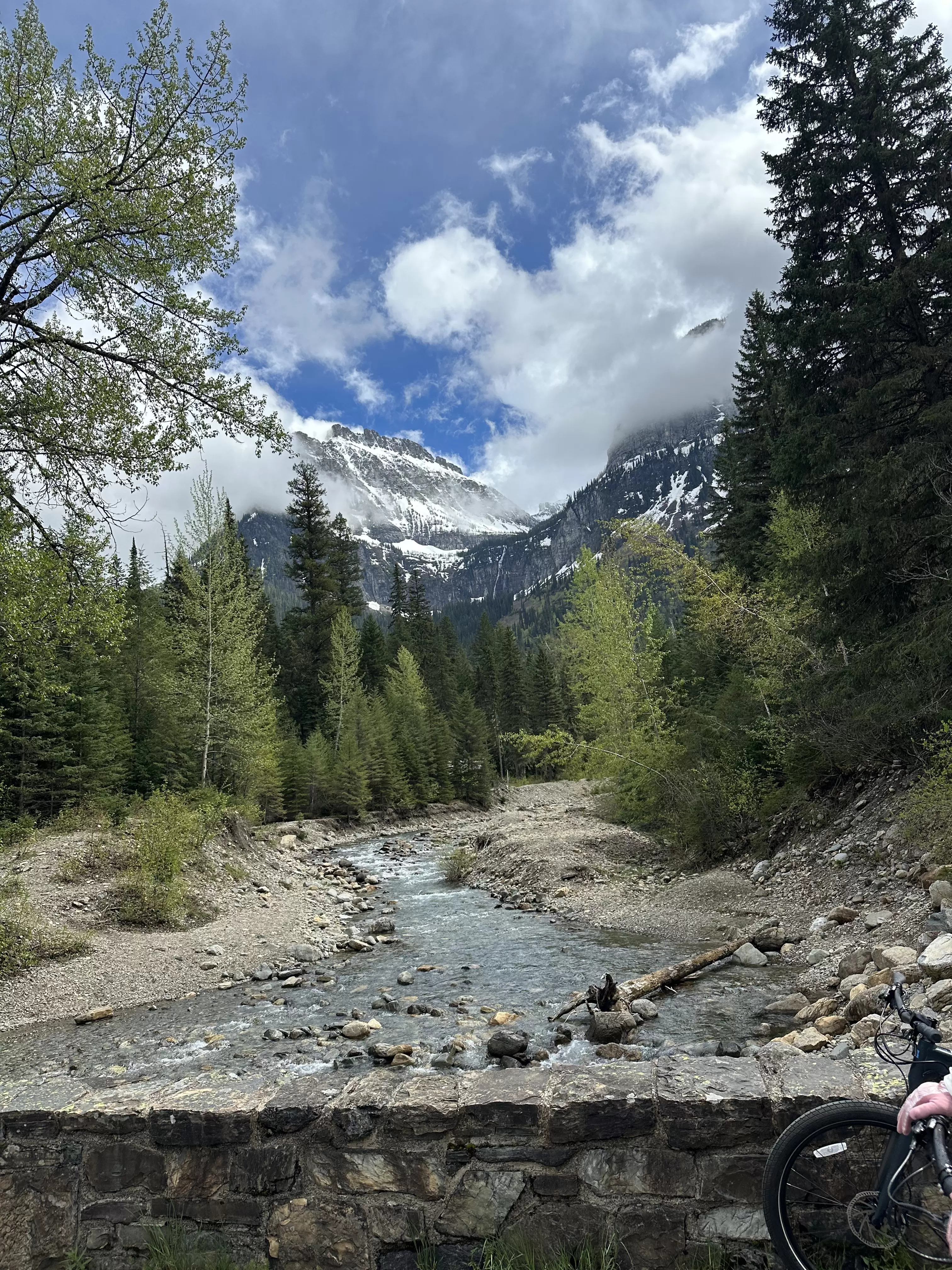 Glacier National Park, Going-to-the-Sun Road, mountains in the background, a river in the foreground. 