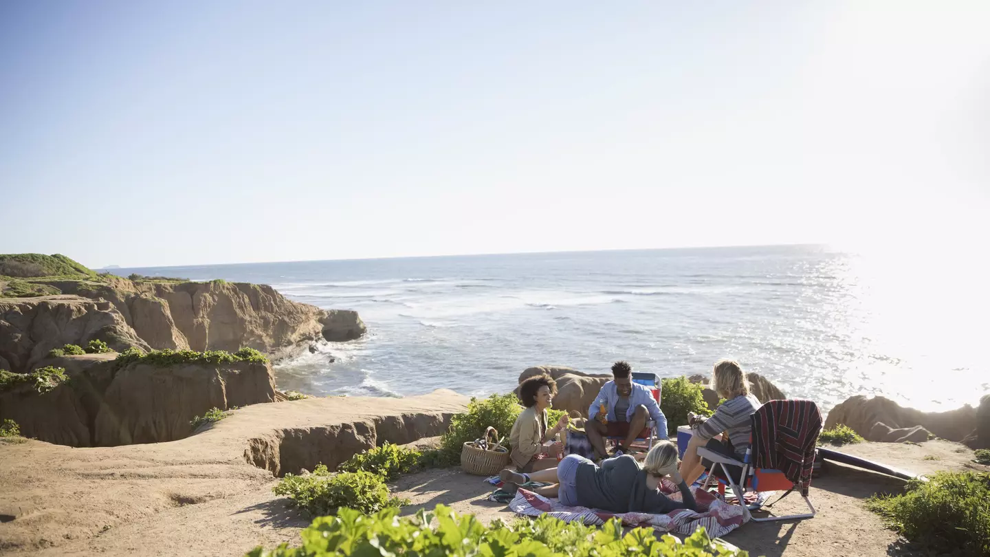 Young friends hanging out on a sunny clifftop with the ocean beyond.