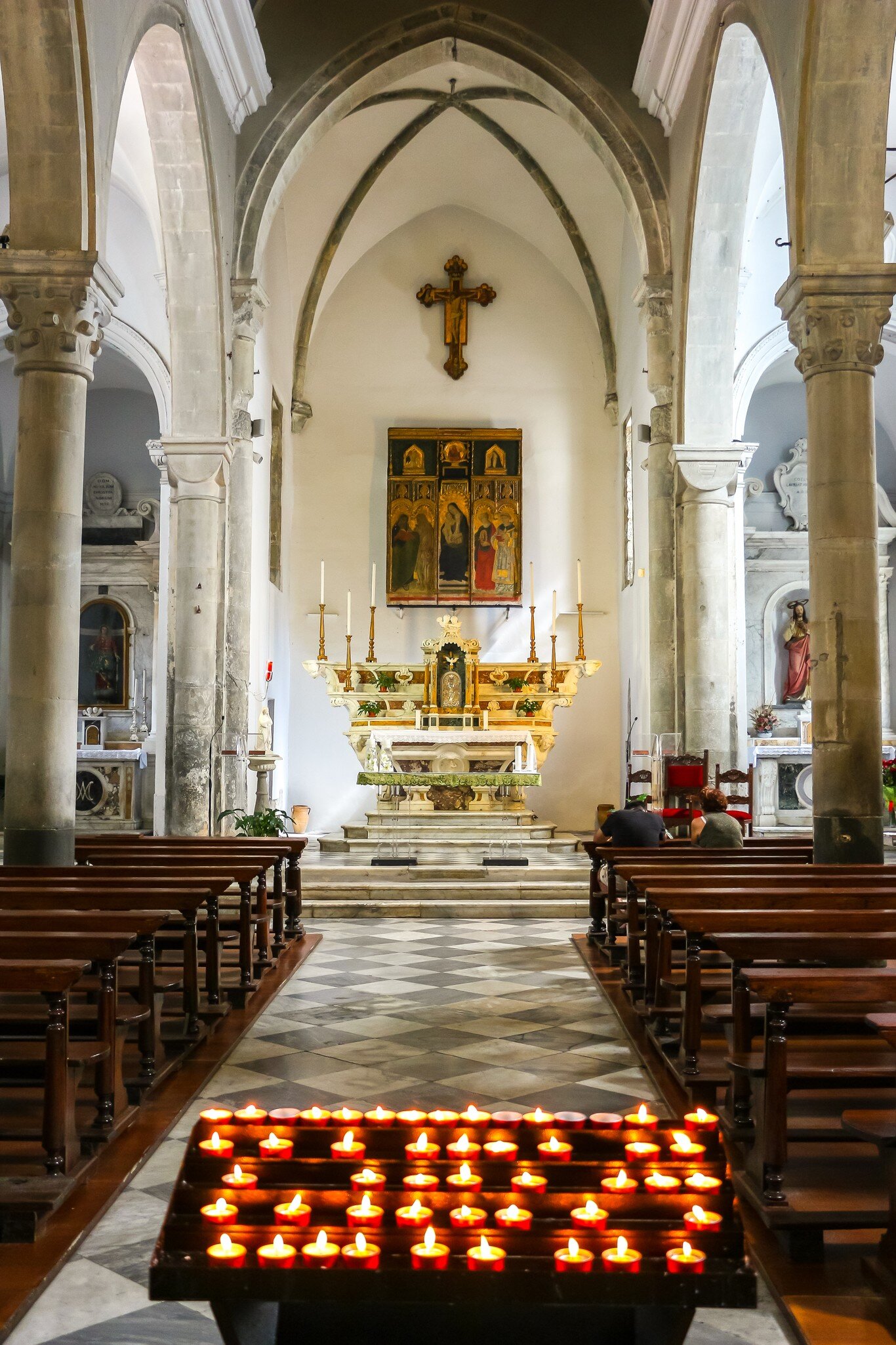 View of the nave of the Chiesa di San Lorenzo in Manarola, Italy.