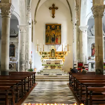View of the nave of the Chiesa di San Lorenzo in Manarola, Italy.