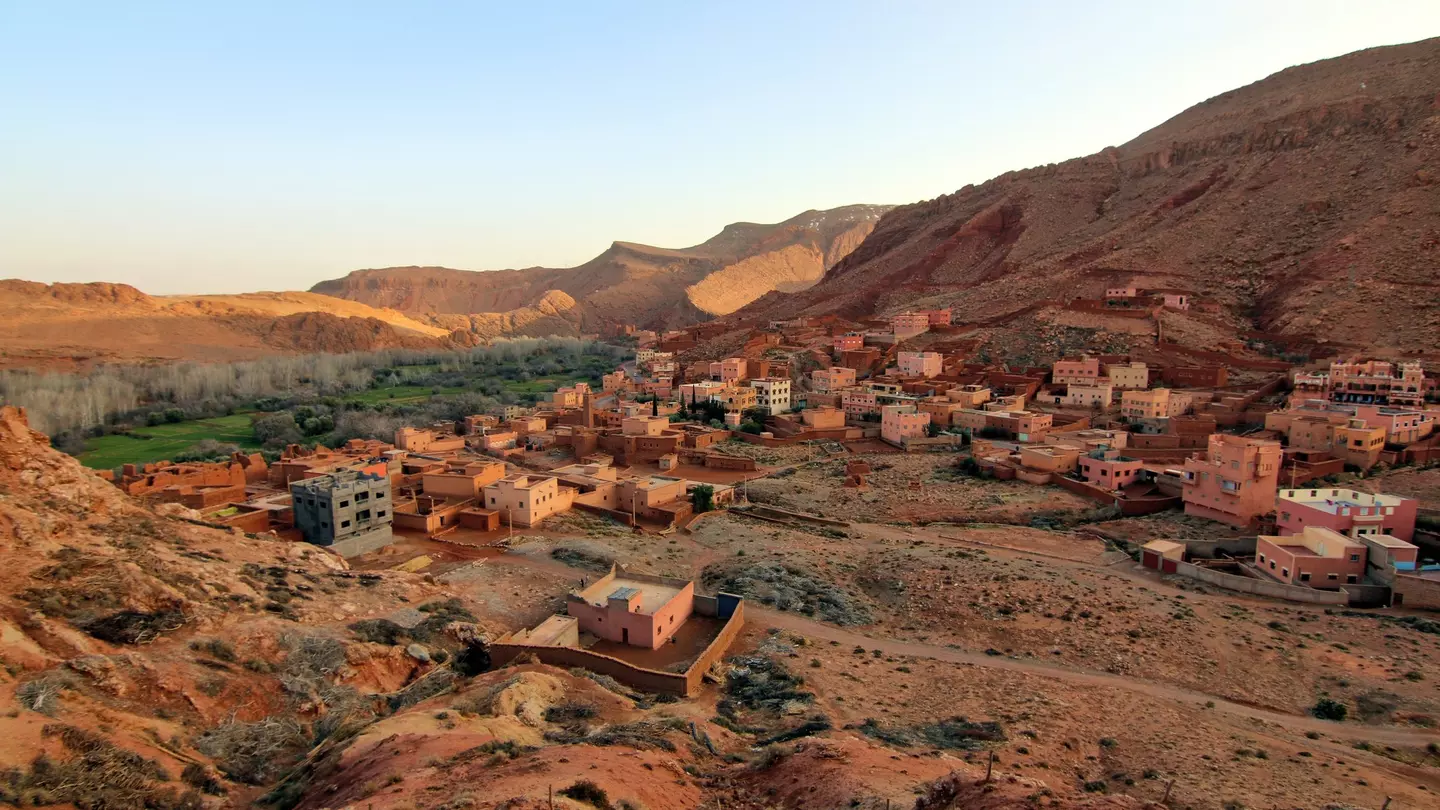 Aerial view of the Berber village of Ait Ouglif, Dades Gorges Valley in the High Atlas Mountains, Morocco