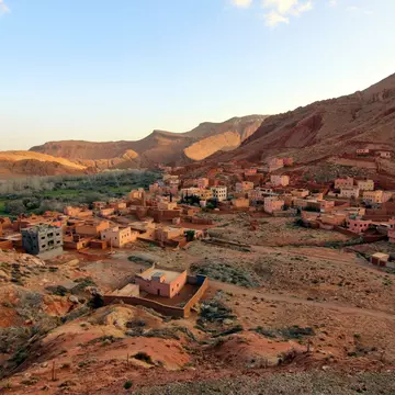 Aerial view of the Berber village of Ait Ouglif, Dades Gorges Valley in the High Atlas Mountains, Morocco