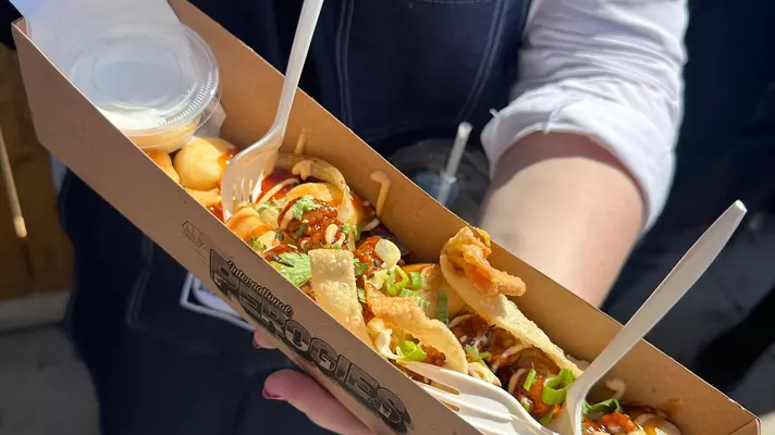 Calgary Stampede midway food ginger beef pierogies. International Perogies Calgary Alberta Canada July 2026