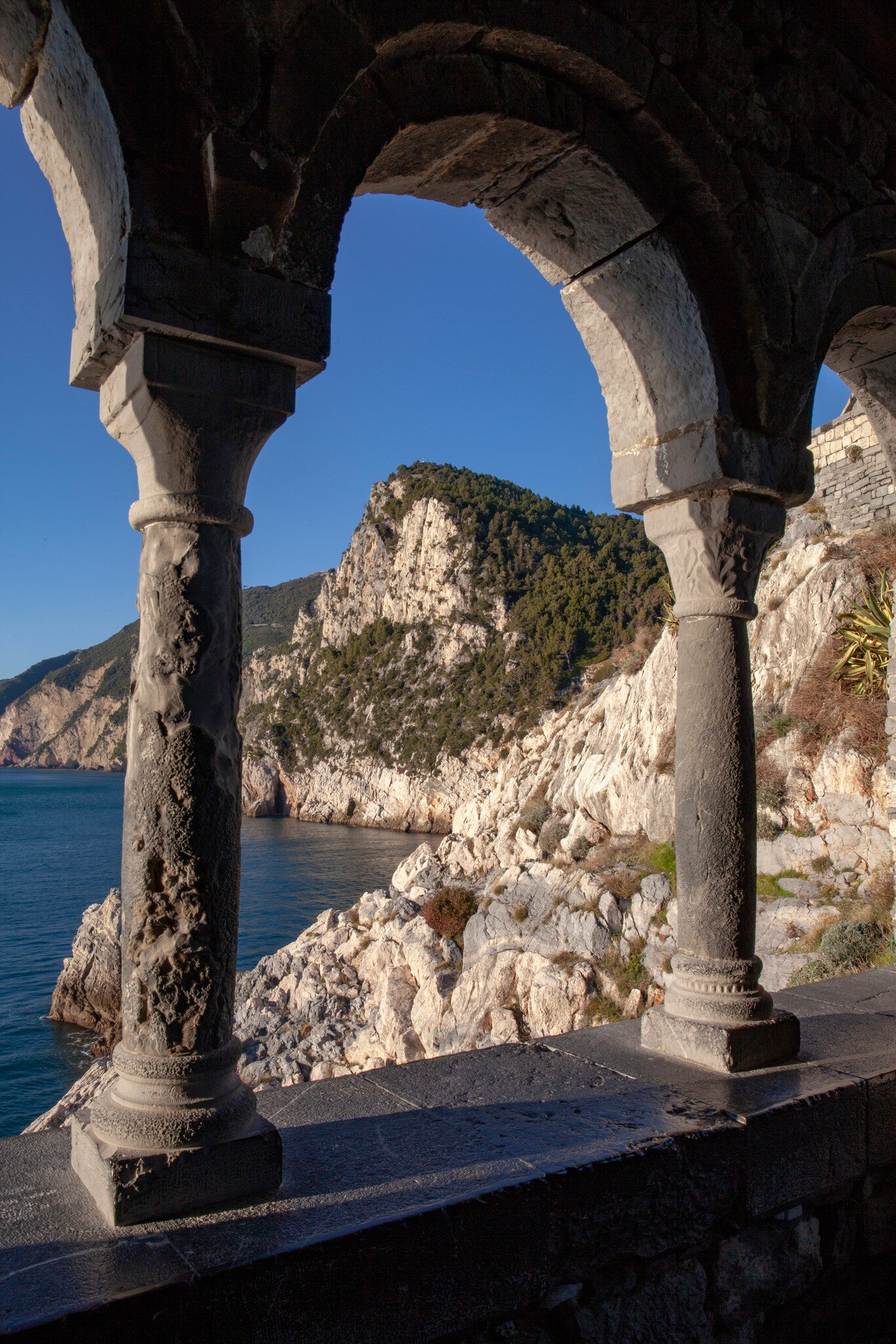 View of the Gulf of La Spezia and the stretch of sea from the Chiesa di San Pietro in Corniglia, Cinque Terre, Italy.