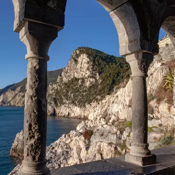 View of the Gulf of La Spezia and the stretch of sea from the Chiesa di San Pietro in Corniglia, Cinque Terre, Italy.