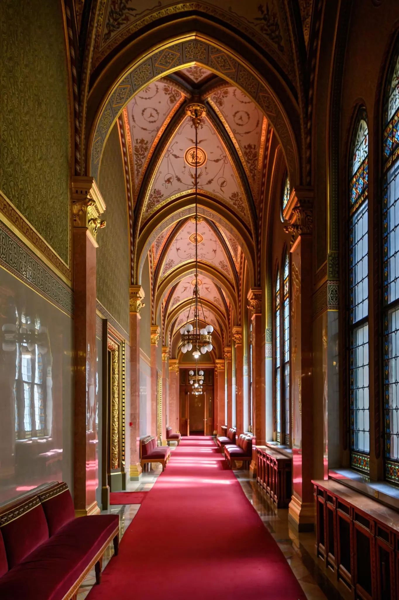 View of a corridor in the Hungarian Parliament in Budapest, Hungary.