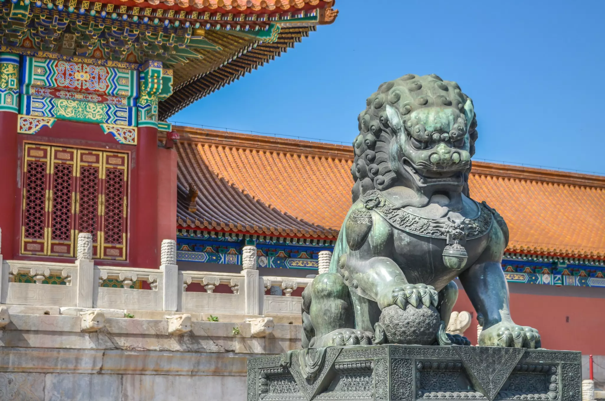 Mythical lion in front of palace of Tranquil Longevity, Forbidden City, Beijing, China.