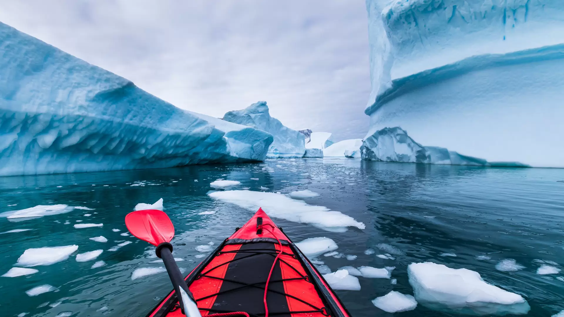 Kayaking in Antarctica between icebergs with inflatable kayak, extreme adventure in Antarctic Peninsula , beautiful pristine landscape, sea water paddling activity
