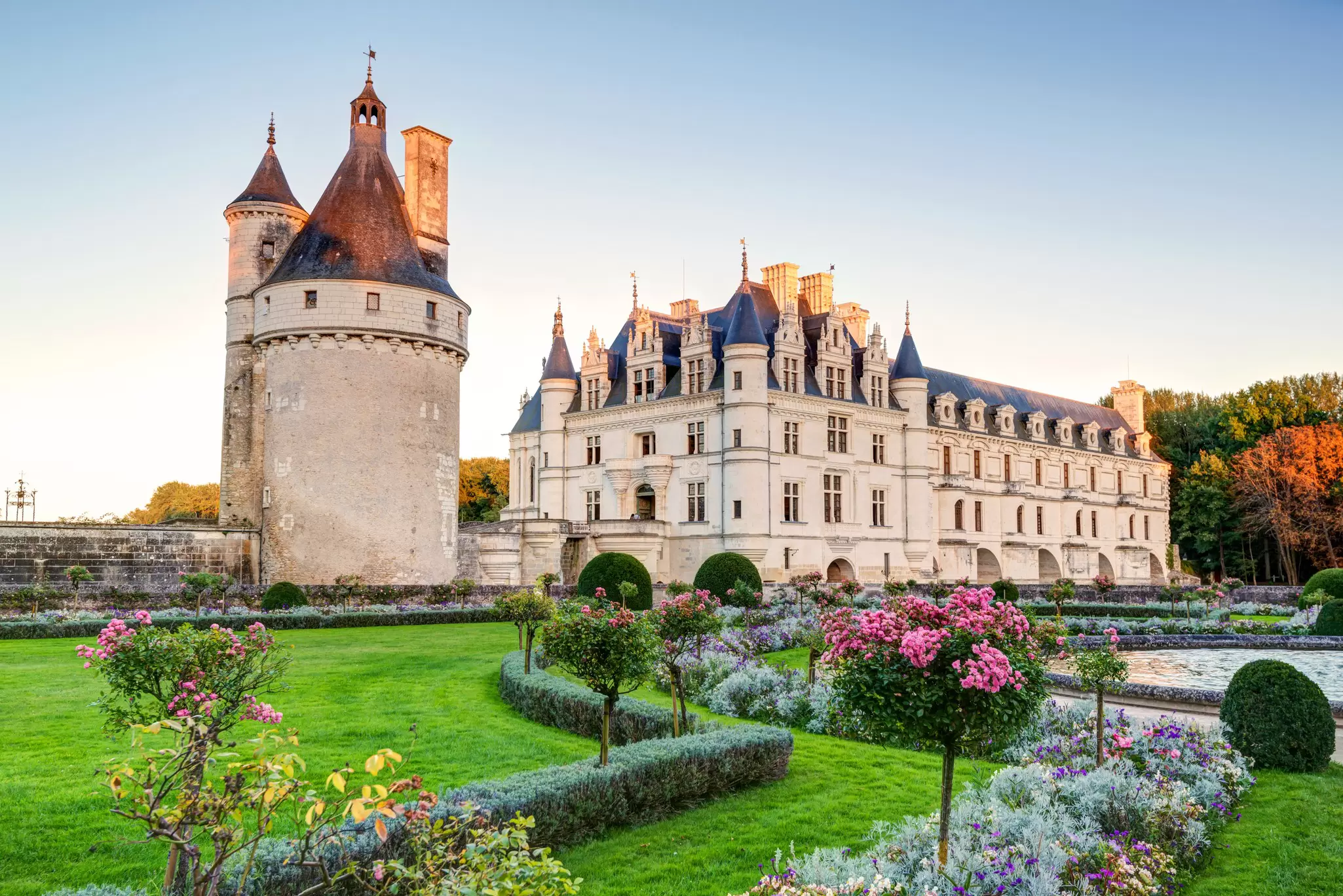 Facade of the Chateau de Chenonceau and garden, Loire Valley, France.