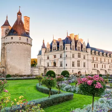 Facade of the Chateau de Chenonceau and garden, Loire Valley, France.
