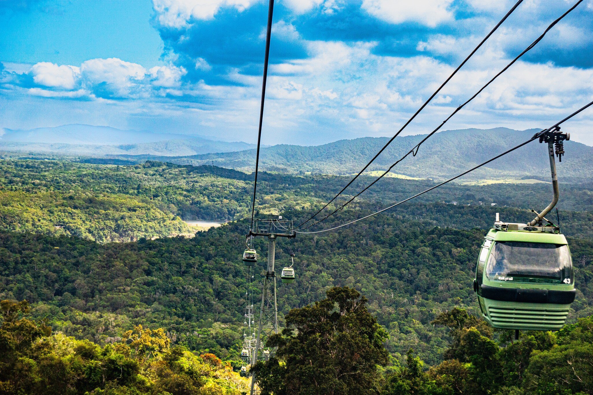 Skyrail traverses the tropical mountain ranges in north Queensland, conveying tourists from Cairns up to the town of Kuranda on the Atherton tablelands, Australia.