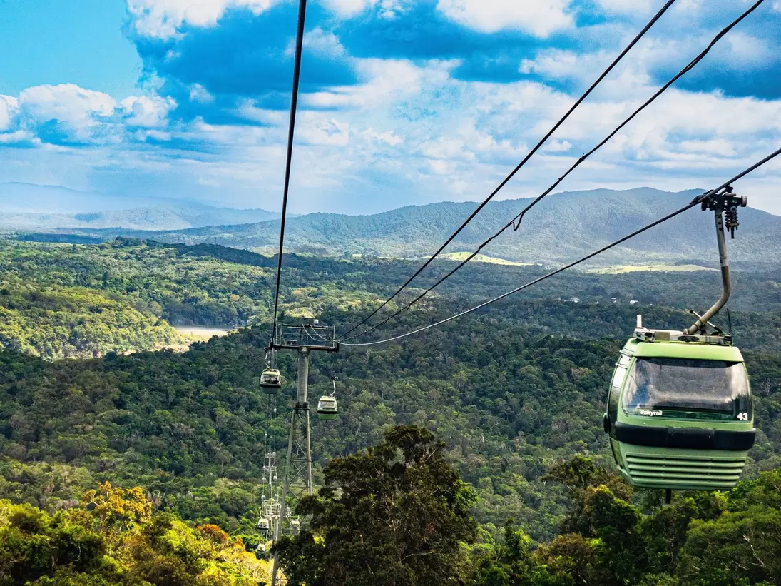 Skyrail traverses the tropical mountain ranges in north Queensland, conveying tourists from Cairns up to the town of Kuranda on the Atherton tablelands, Australia.