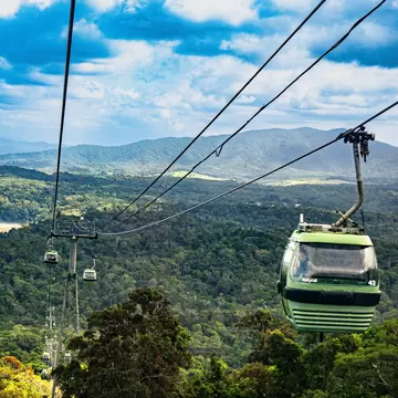 Skyrail traverses the tropical mountain ranges in north Queensland, conveying tourists from Cairns up to the town of Kuranda on the Atherton tablelands, Australia.