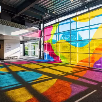 Wall of pink, yellow and blue glass panels casting coloured light across a museum gallery floor in Corning, New York