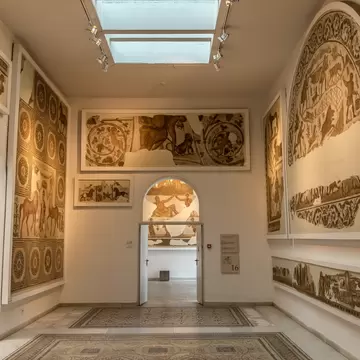 A room in a museum displaying mosaics of animals, people and scenes from daily ancient Roman life that have been pieced together on the walls and floors. Some parts are missing.